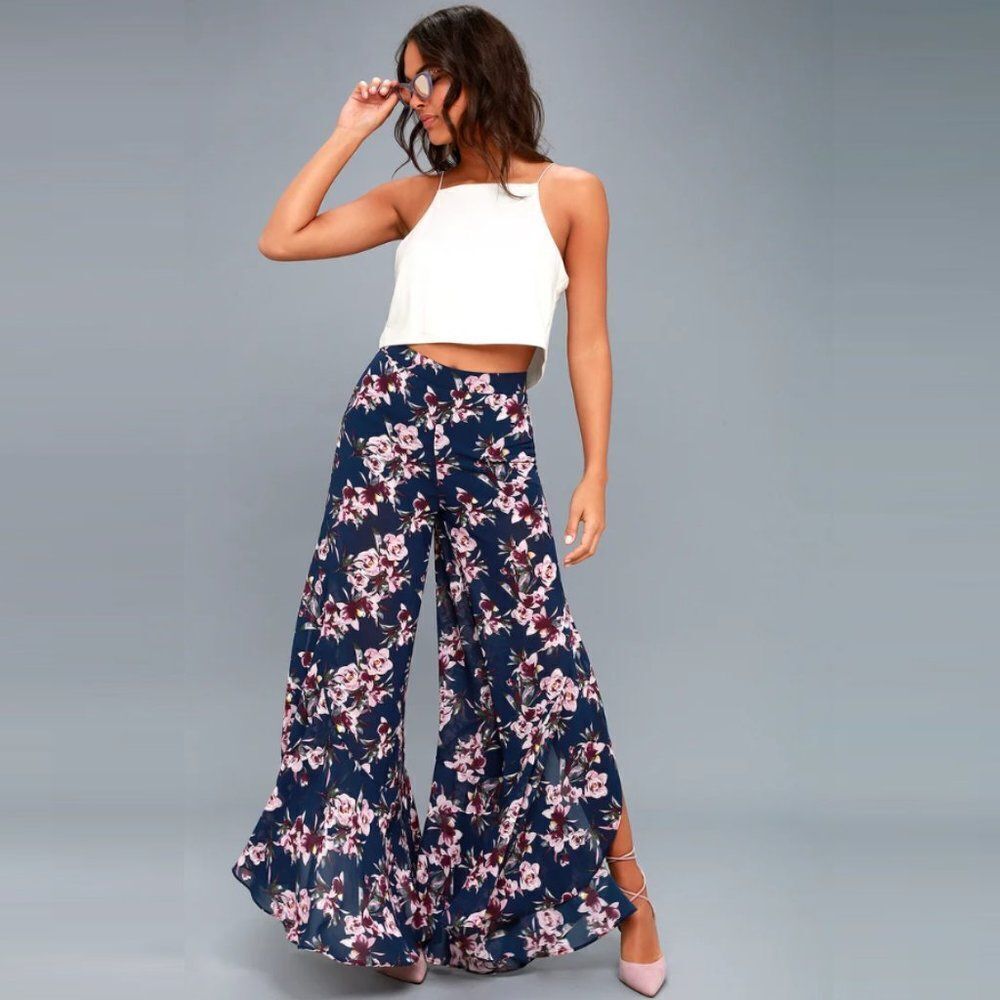 Lulus Wisteria Navy Blue Floral Print Zipped High Waist Wide Leg Pants Small